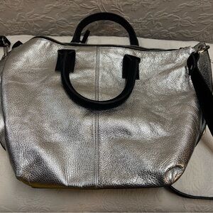 Stylish Silver Tote Bag with Black Accents